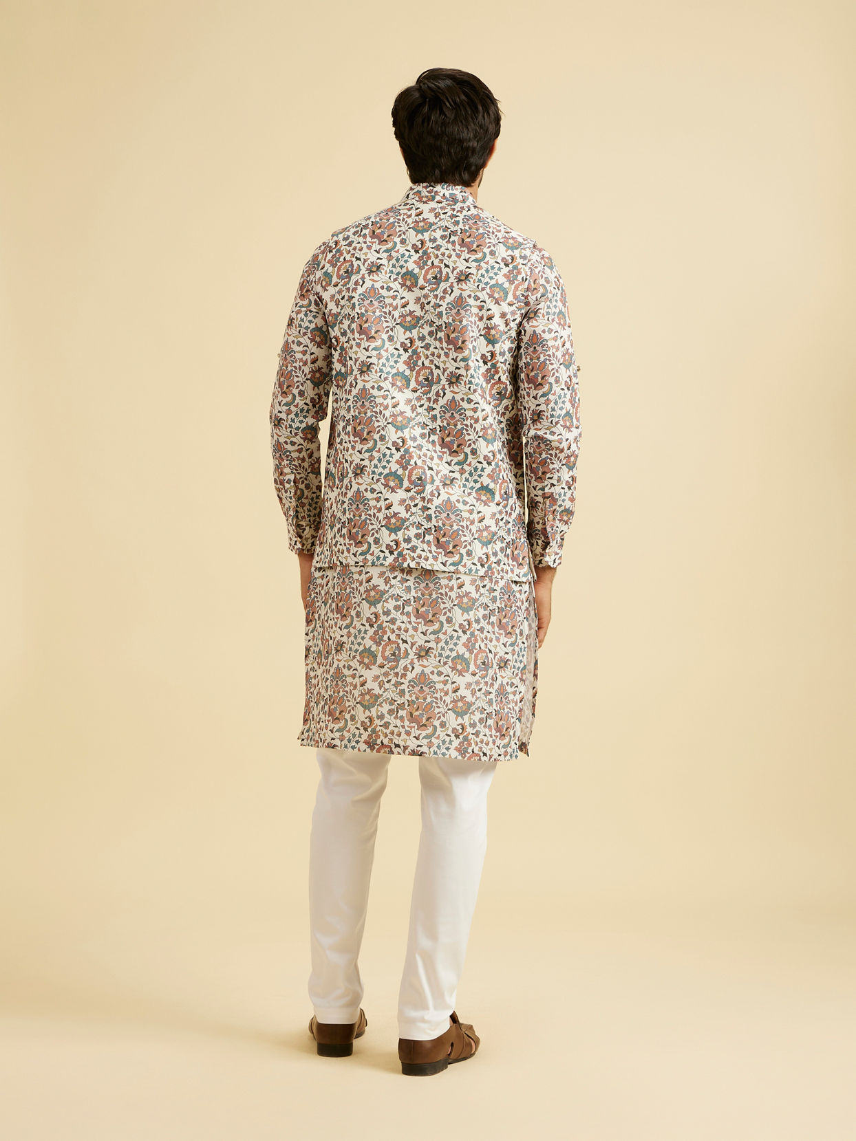 Manyavar Men Beige Bel Buti Print Nehru Jacket