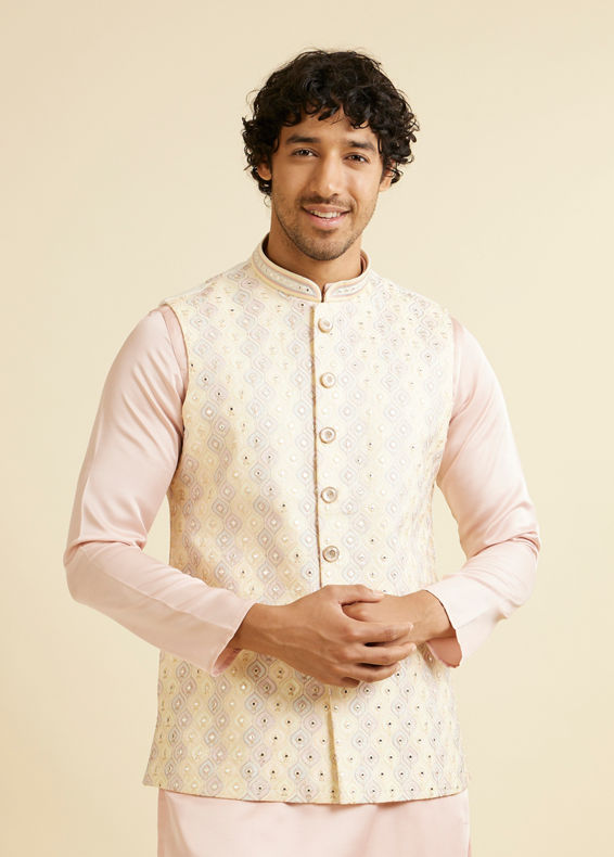 Manyavar Men Cream Beige Ogee Jaal Patterned Jacket with Mirror Work