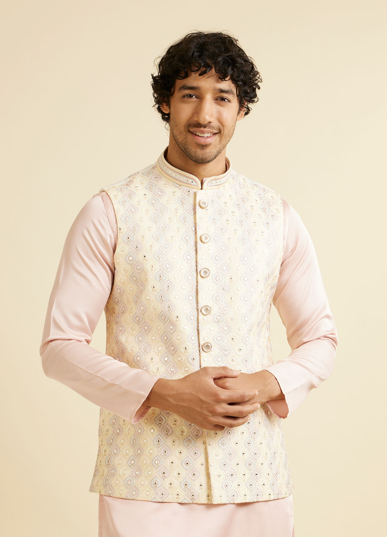 Manyavar Men Cream Beige Ogee Jaal Patterned Jacket with Mirror Work