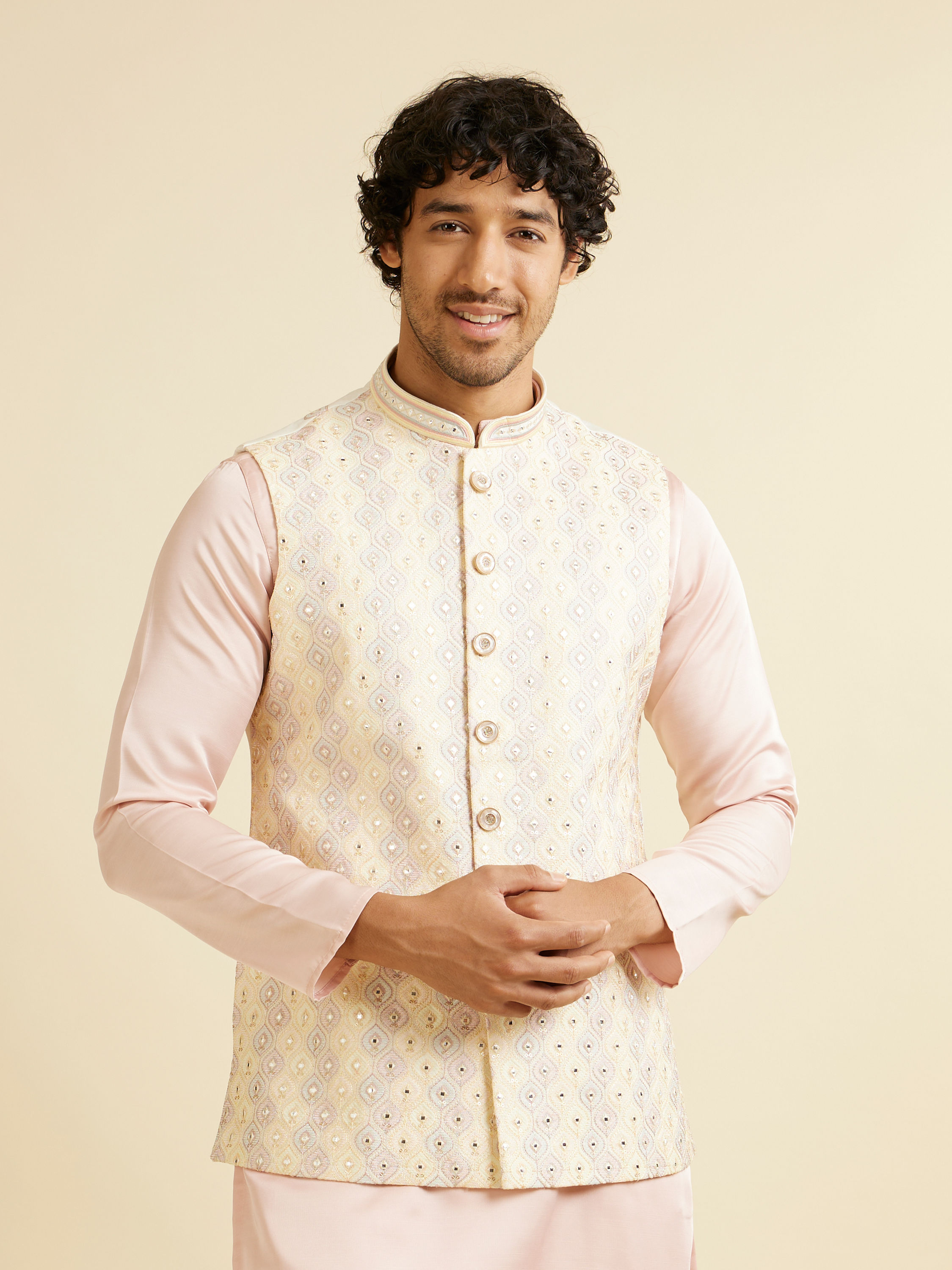 Manyavar Men Cream Beige Ogee Jaal Patterned Jacket with Mirror Work