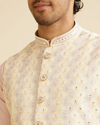 Manyavar Men Cream Beige Ogee Jaal Patterned Jacket with Mirror Work