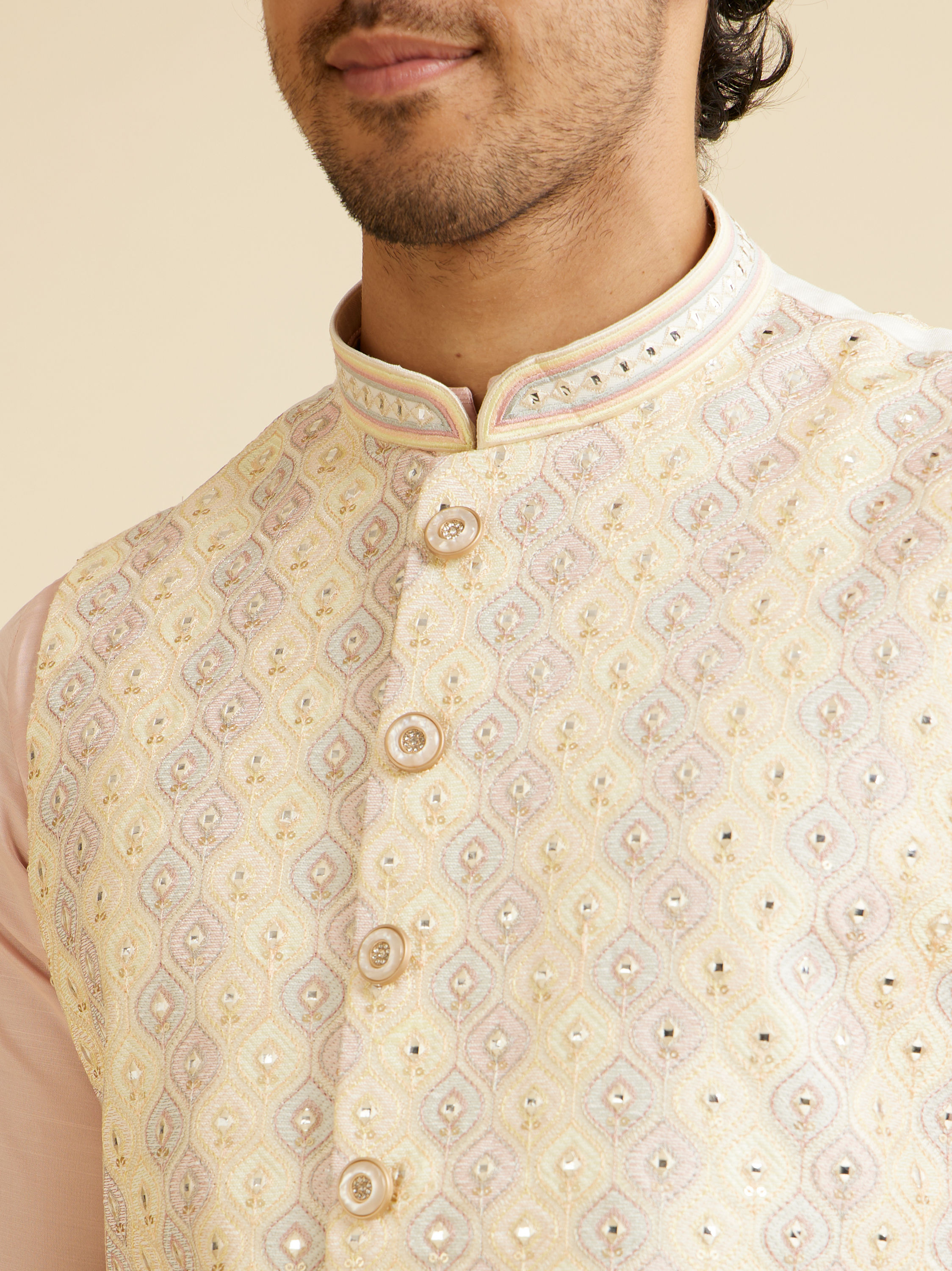 Manyavar Men Cream Beige Ogee Jaal Patterned Jacket with Mirror Work