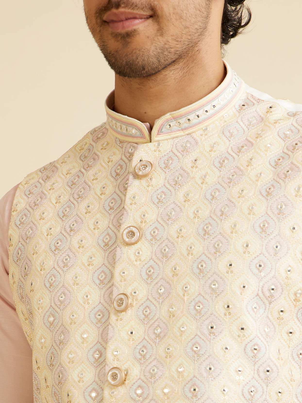 Manyavar Men Cream Beige Ogee Jaal Patterned Jacket with Mirror Work