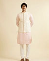 Manyavar Men Cream Beige Ogee Jaal Patterned Jacket with Mirror Work