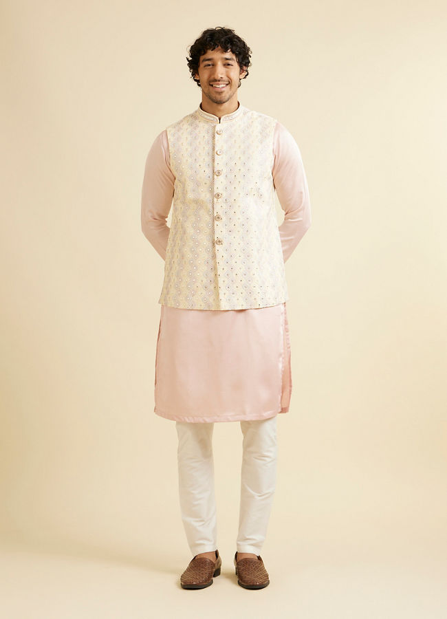 Manyavar Men Cream Beige Ogee Jaal Patterned Jacket with Mirror Work