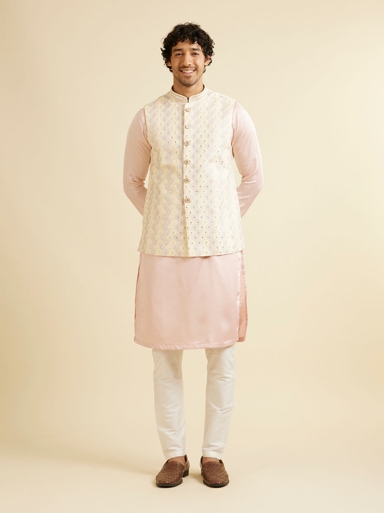 Manyavar Men Cream Beige Ogee Jaal Patterned Jacket with Mirror Work