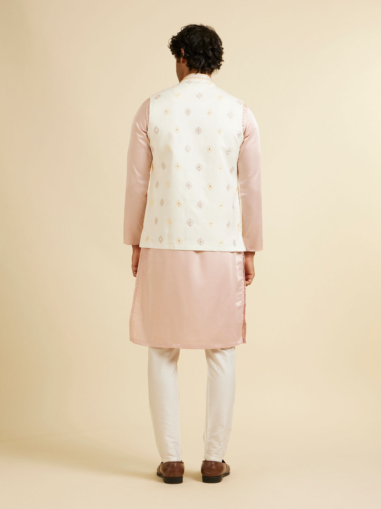 Manyavar Men Cream Beige Ogee Jaal Patterned Jacket with Mirror Work