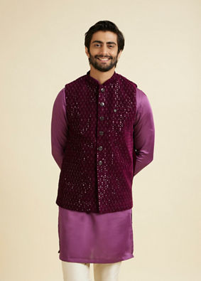 Manyavar Men Wine Velvet Majesty Nehru Jacket