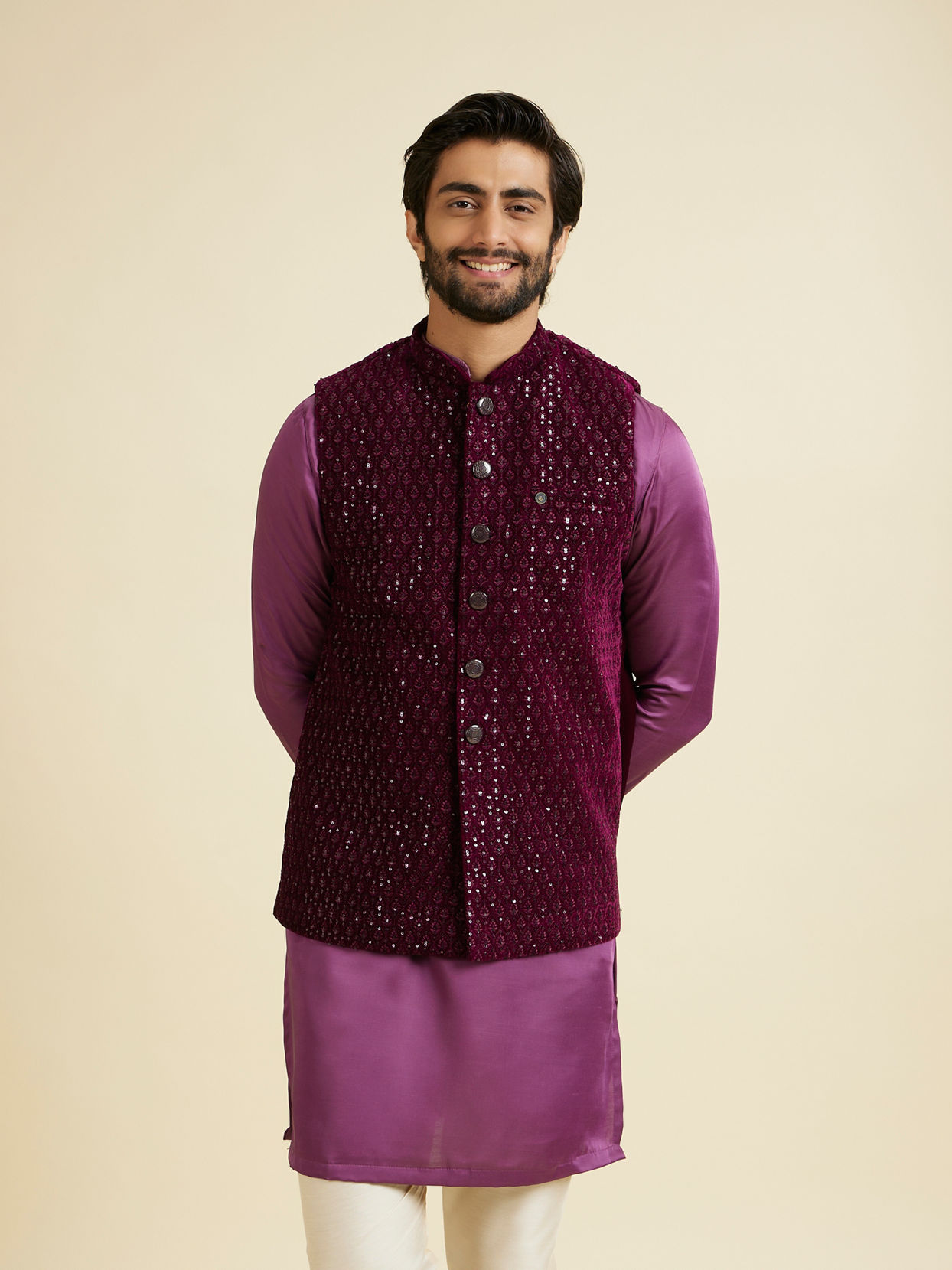 Manyavar Men Wine Velvet Majesty Nehru Jacket