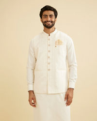 Manyavar Men Ivory Cream Linear Patterned Nehru Jacket