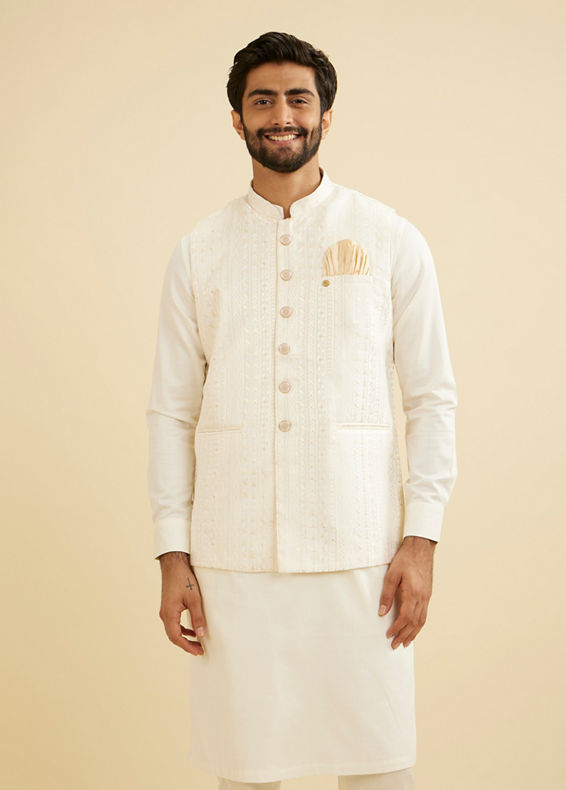 Manyavar Men Ivory Cream Linear Patterned Nehru Jacket