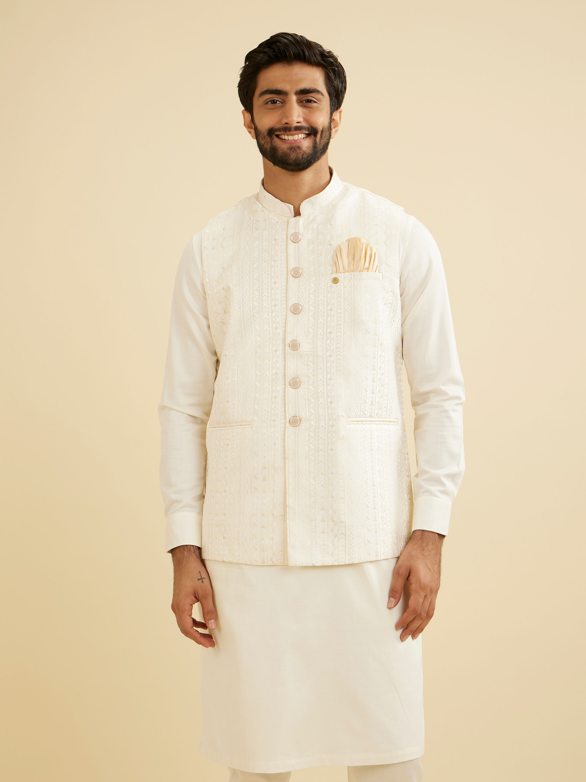 Manyavar Men Ivory Cream Linear Patterned Nehru Jacket