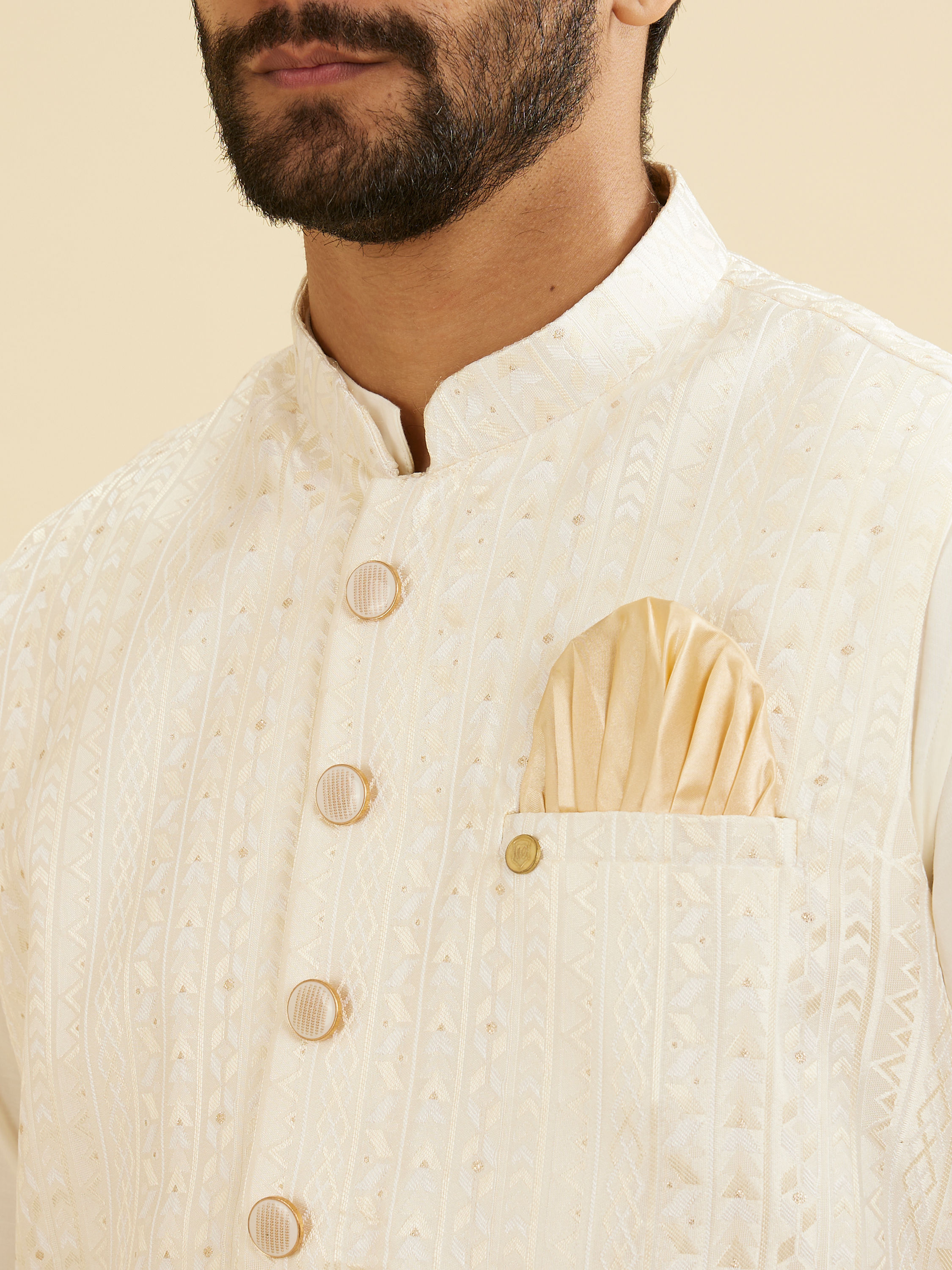 Manyavar Men Ivory Cream Linear Patterned Nehru Jacket