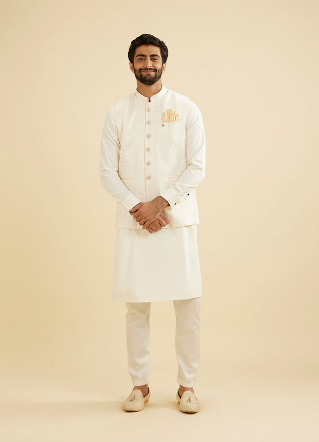 Manyavar Men Ivory Cream Linear Patterned Nehru Jacket