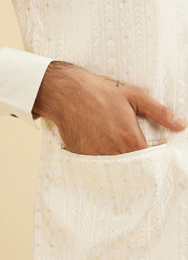 Manyavar Men Ivory Cream Linear Patterned Nehru Jacket