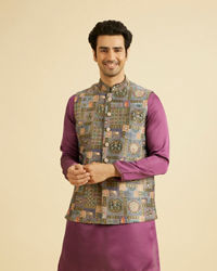 Manyavar Men Dark Grey Abstract Print Nehru Jacket