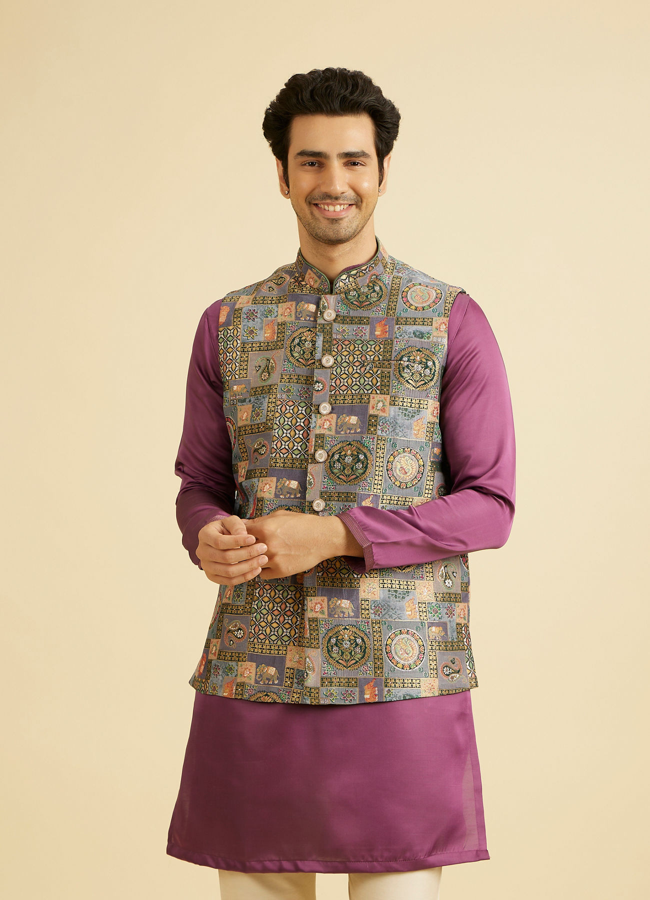 Manyavar Men Dark Grey Abstract Print Nehru Jacket