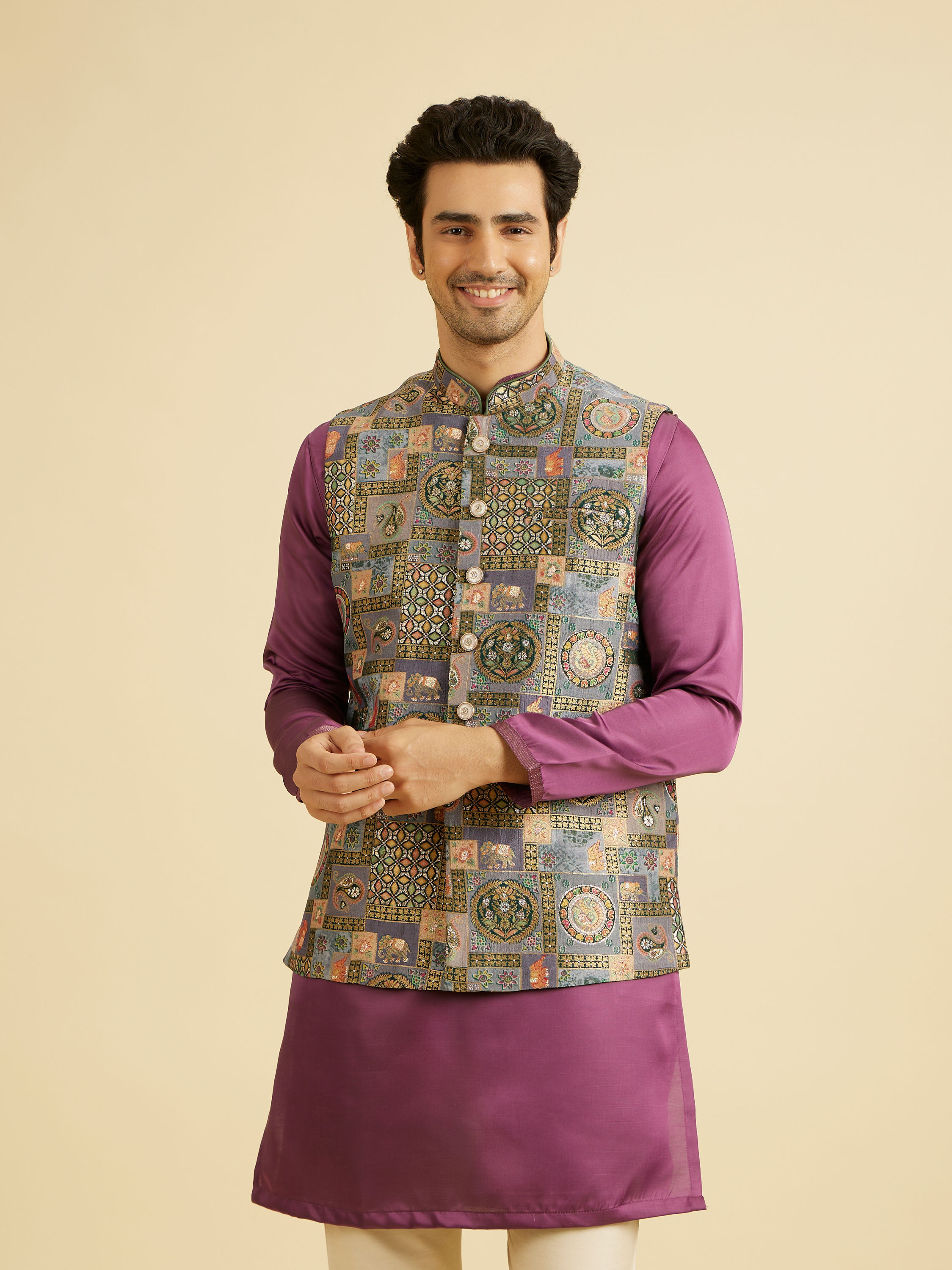 Manyavar Men Dark Grey Abstract Print Nehru Jacket