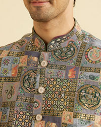Manyavar Men Dark Grey Abstract Print Nehru Jacket