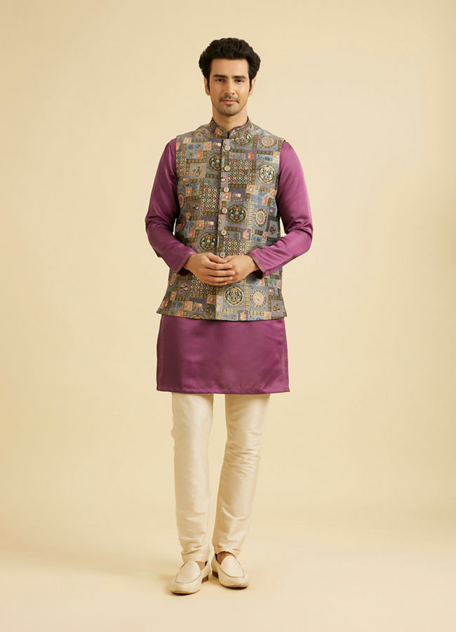 Manyavar Men Dark Grey Abstract Print Nehru Jacket