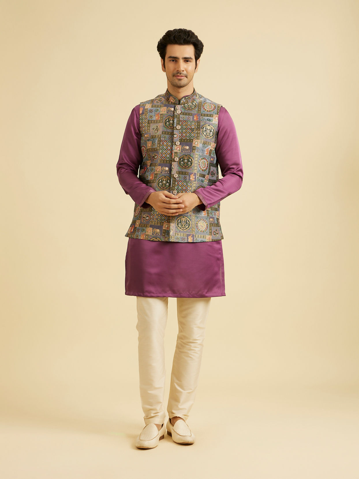 Manyavar Men Dark Grey Abstract Print Nehru Jacket