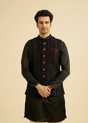 Manyavar Men Black Velvet Extravagant Nehru Jacket