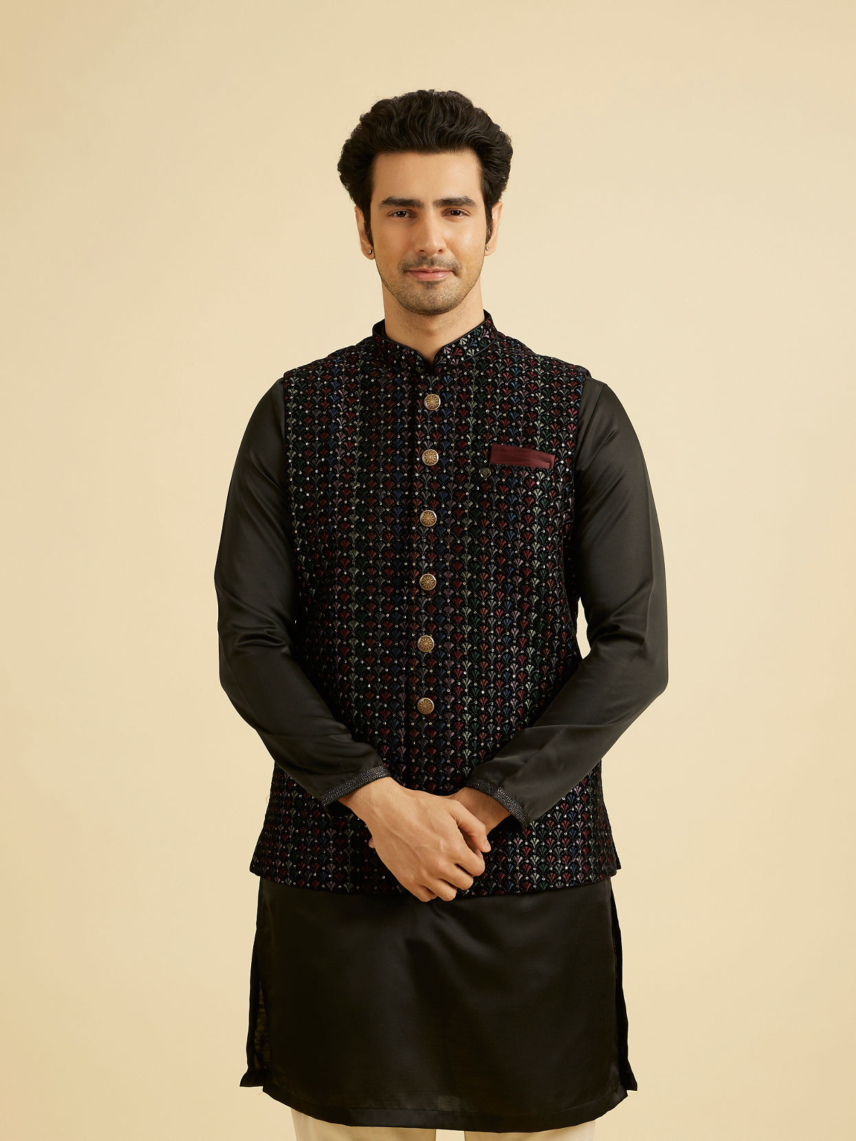 Manyavar Men Black Velvet Extravagant Nehru Jacket