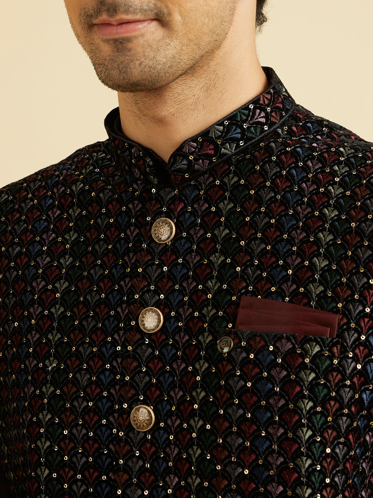 Manyavar Men Black Velvet Extravagant Nehru Jacket
