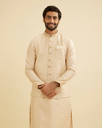 Manyavar Men Soft Beige Floral Buta Jaal Patterned Nehru Jacket
