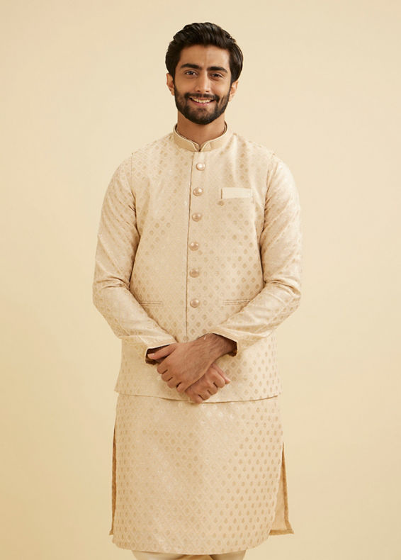Manyavar Men Soft Beige Floral Buta Jaal Patterned Nehru Jacket