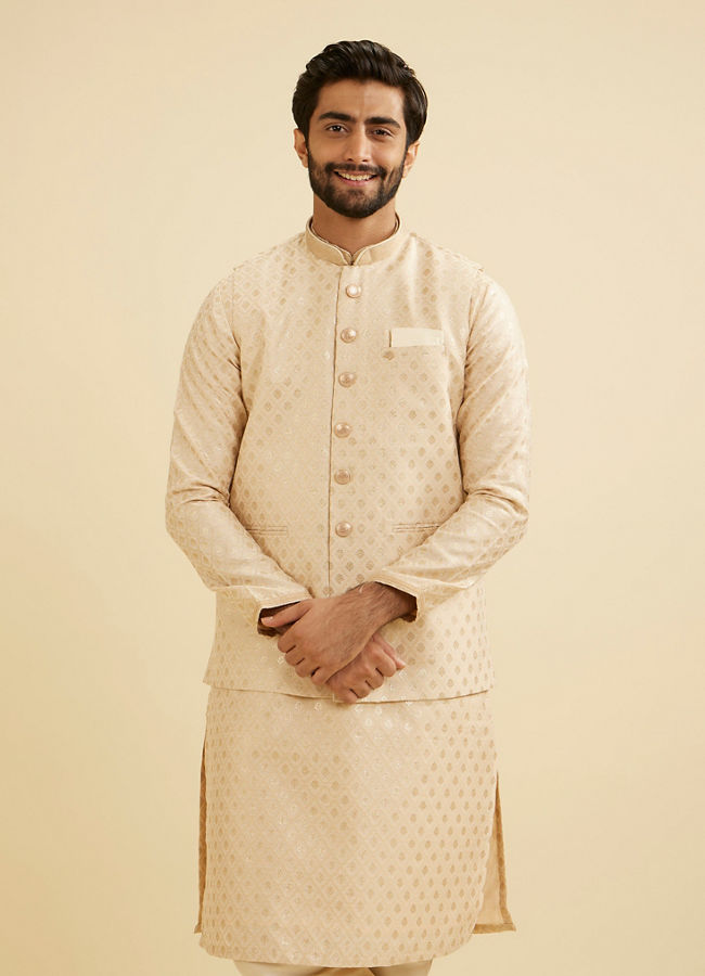 Manyavar Men Soft Beige Floral Buta Jaal Patterned Nehru Jacket