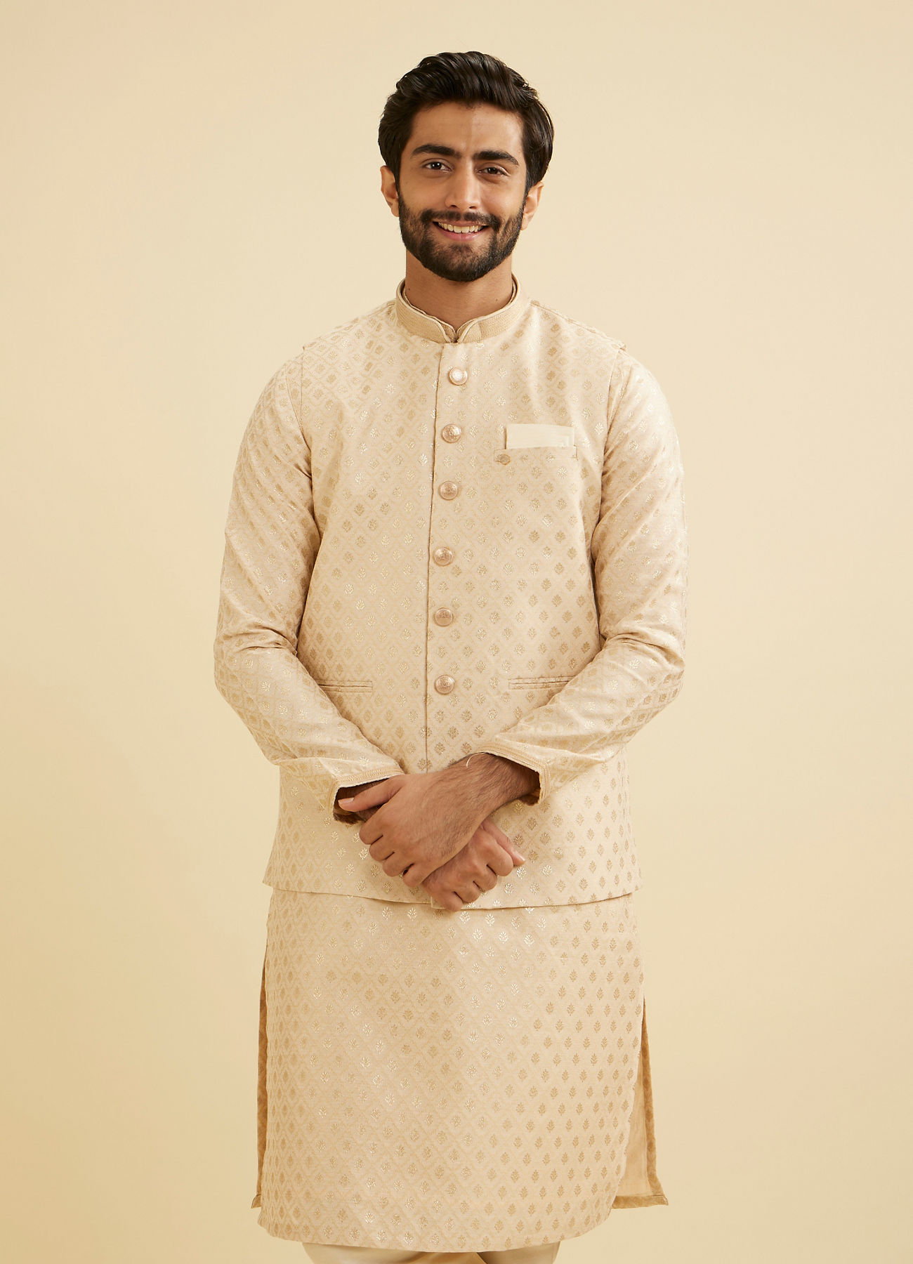 Manyavar Men Soft Beige Floral Buta Jaal Patterned Nehru Jacket