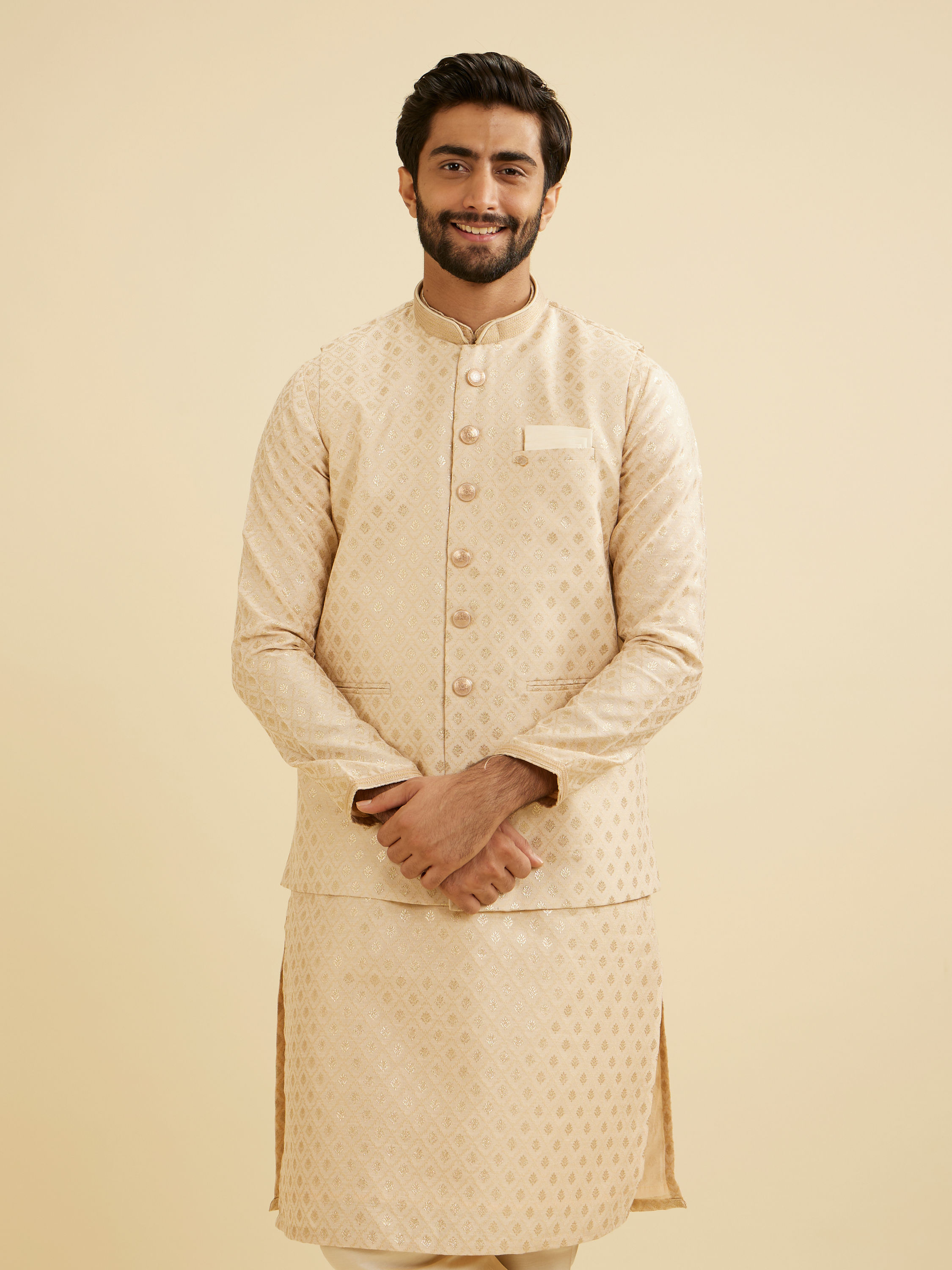 Manyavar Men Soft Beige Floral Buta Jaal Patterned Nehru Jacket