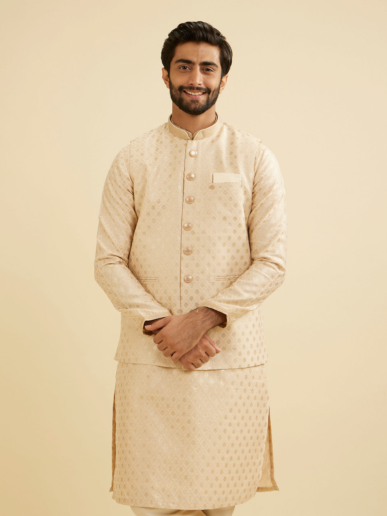 Manyavar Men Soft Beige Floral Buta Jaal Patterned Nehru Jacket