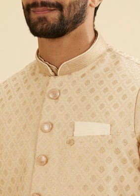 Manyavar Men Soft Beige Floral Buta Jaal Patterned Nehru Jacket