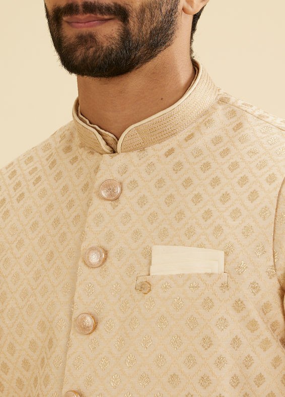 Manyavar Men Soft Beige Floral Buta Jaal Patterned Nehru Jacket