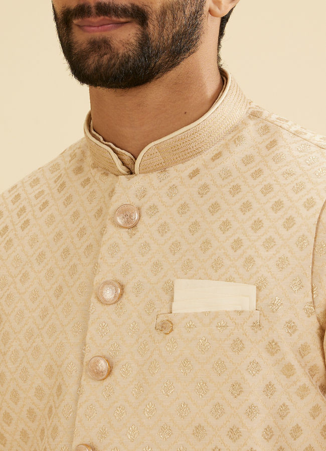 Manyavar Men Soft Beige Floral Buta Jaal Patterned Nehru Jacket