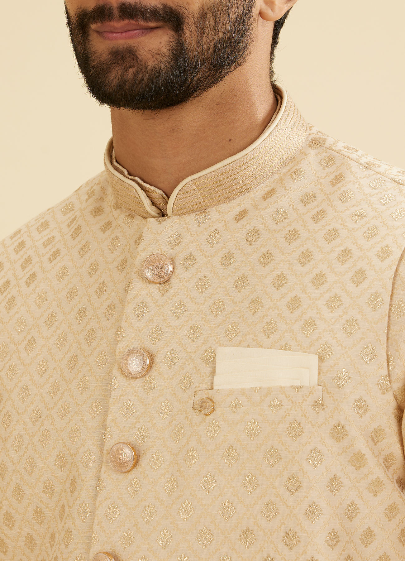 Manyavar Men Soft Beige Floral Buta Jaal Patterned Nehru Jacket