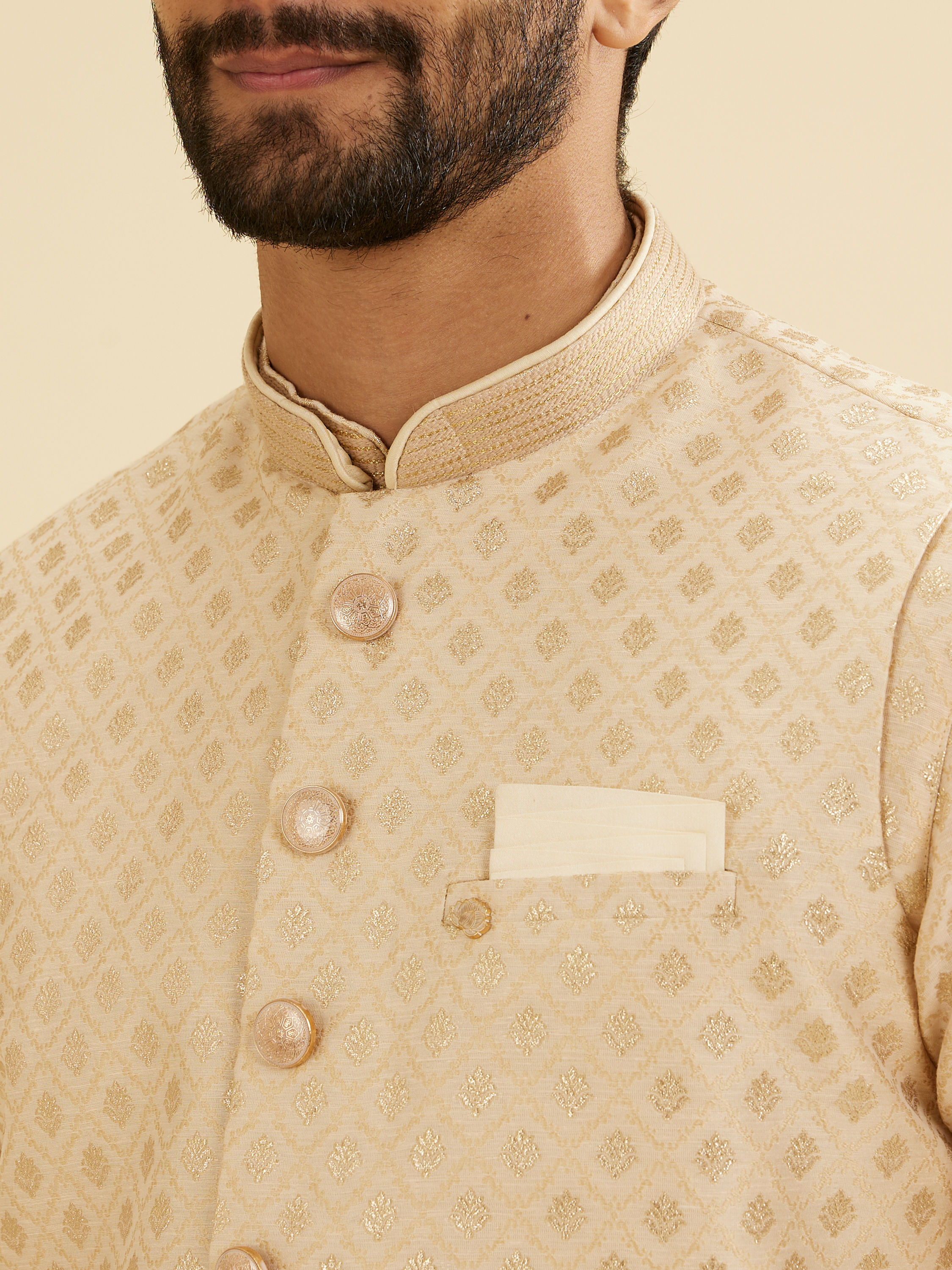 Manyavar Men Soft Beige Floral Buta Jaal Patterned Nehru Jacket