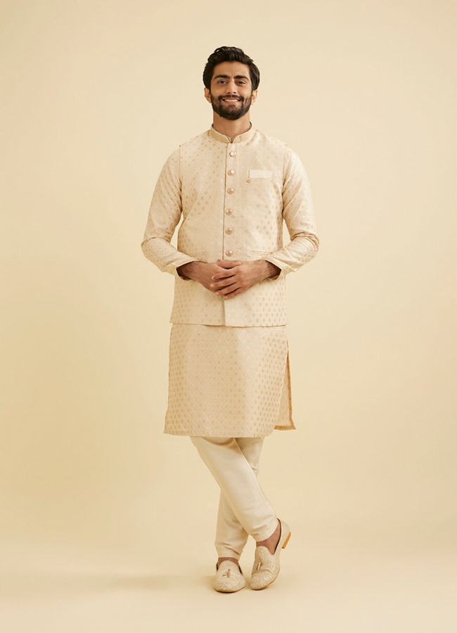 Manyavar Men Soft Beige Floral Buta Jaal Patterned Nehru Jacket