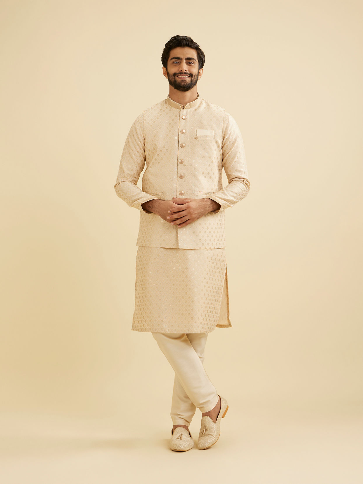 Manyavar Men Soft Beige Floral Buta Jaal Patterned Nehru Jacket