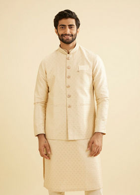 Manyavar Men Soft Beige Buta Jaal Patterned Jacket with Patra Work