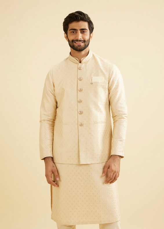Manyavar Men Soft Beige Buta Jaal Patterned Jacket with Patra Work