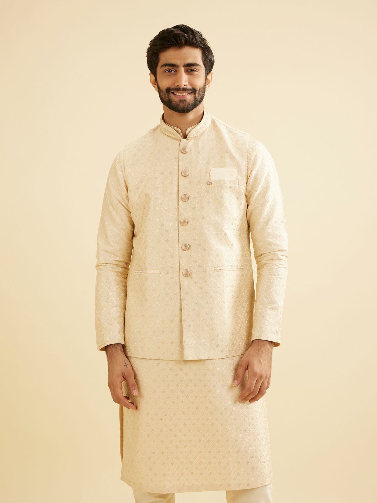 Manyavar Men Soft Beige Buta Jaal Patterned Jacket with Patra Work