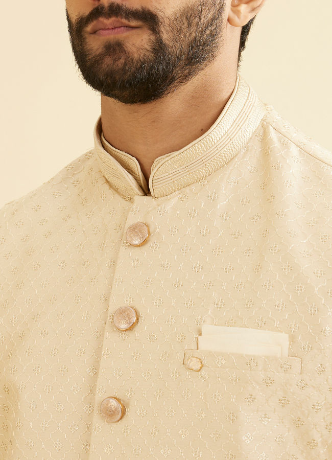 Manyavar Men Soft Beige Buta Jaal Patterned Jacket with Patra Work