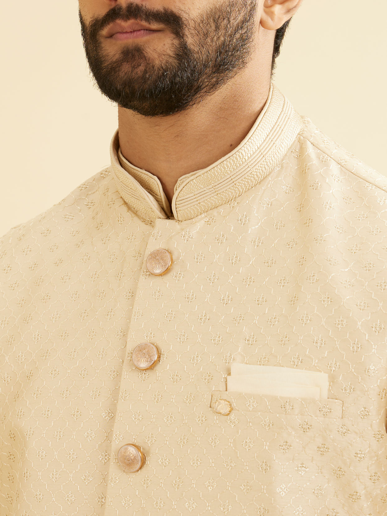 Manyavar Men Soft Beige Buta Jaal Patterned Jacket with Patra Work
