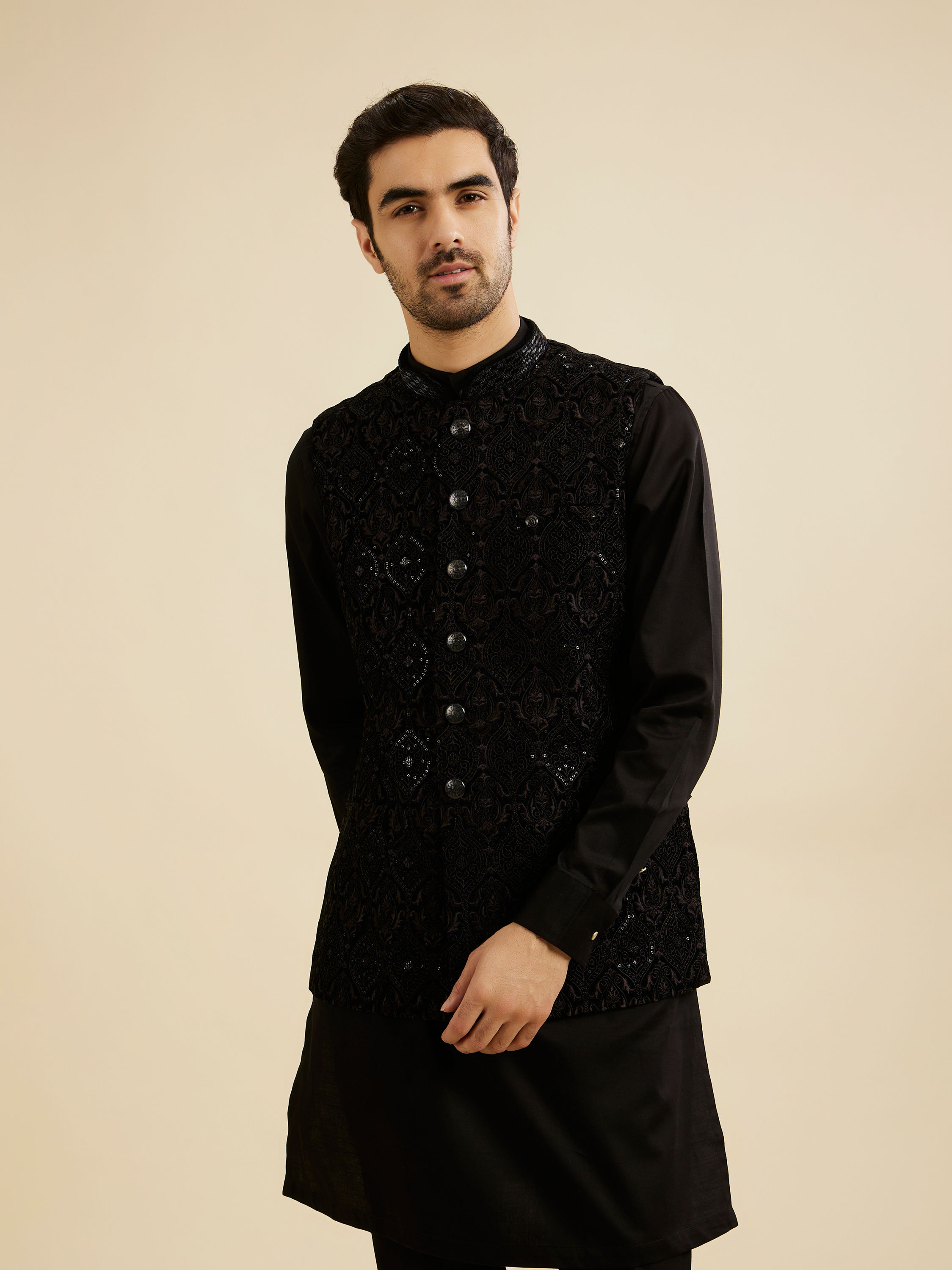 Manyavar Men Dark Blue Sequinned Nehru Jacket