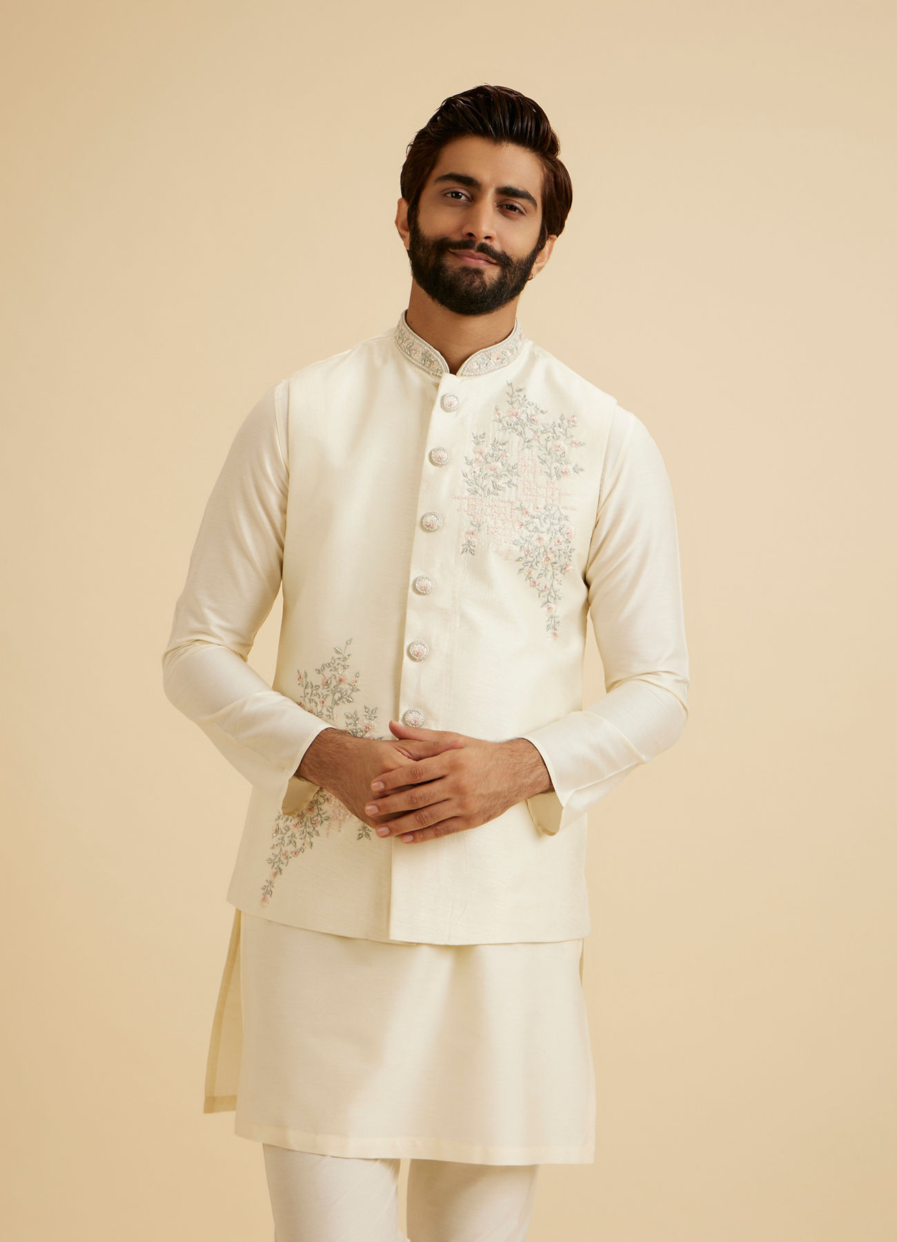 Manyavar Men Majestic Warm White Nehru Jacket