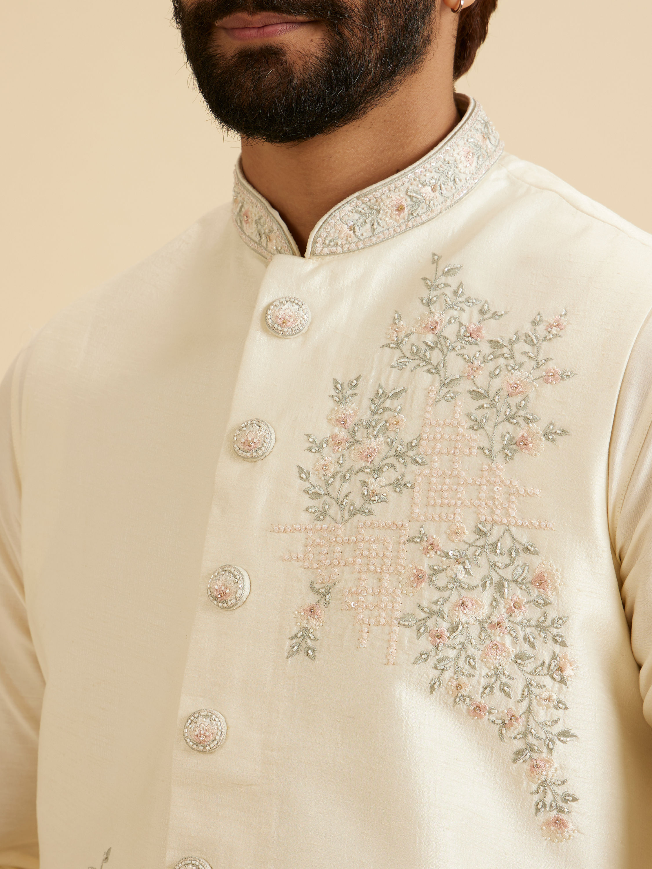 Manyavar Men Majestic Warm White Nehru Jacket