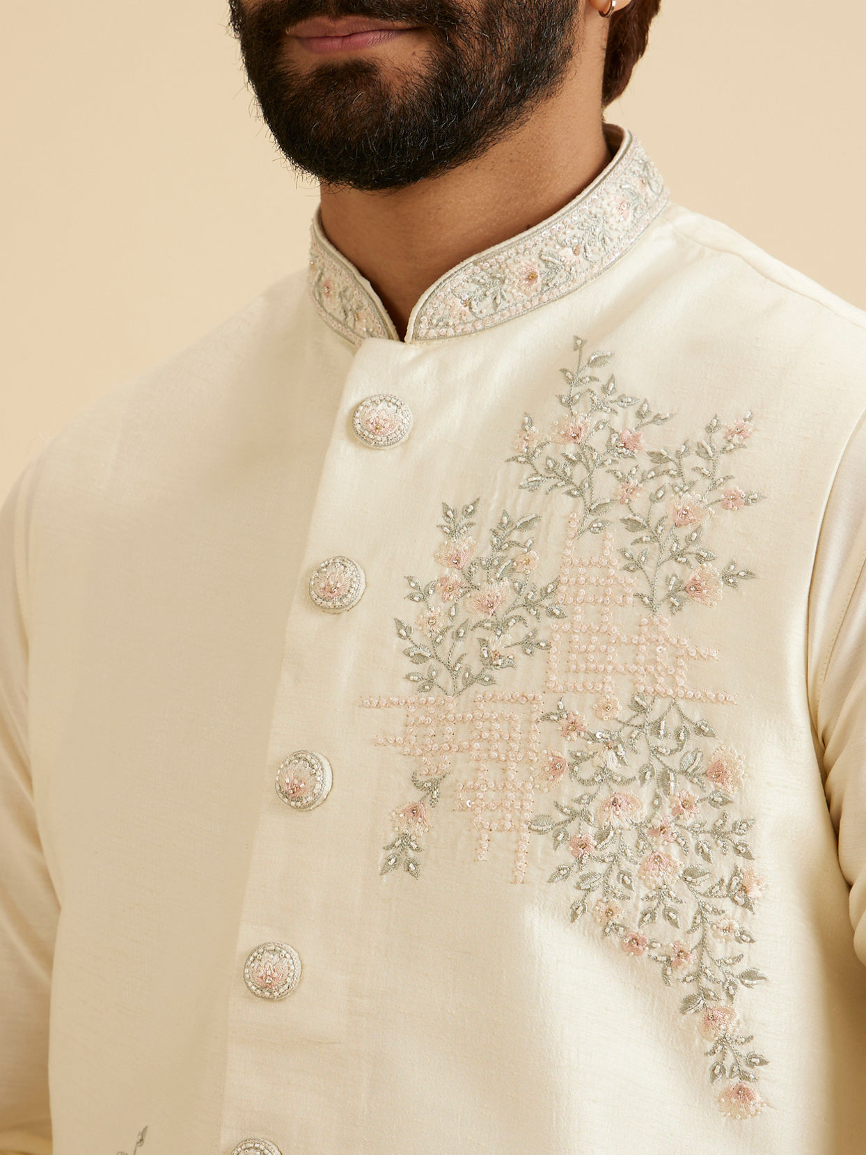 Manyavar Men Majestic Warm White Nehru Jacket